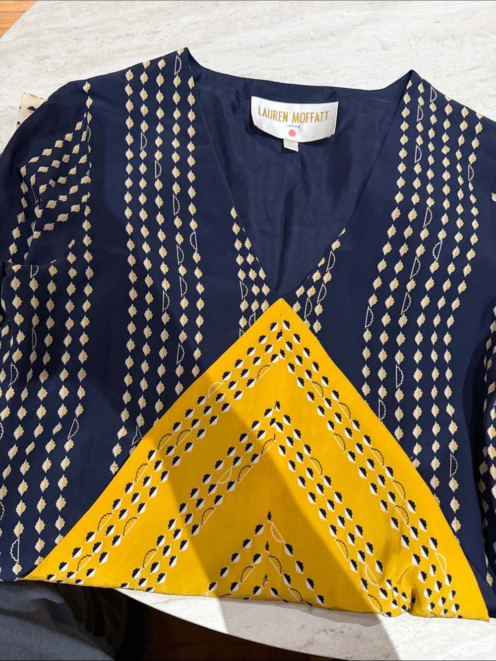 Lauren Moffatt Navy & Mustard Patterned V-Neck DRESS